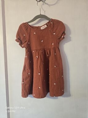 Carter's Rust Orange Cotton Gauze Dress with White Floral Embroidery